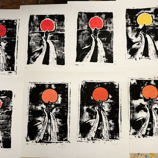 Linoldruck Sonnenuntergang auf dem Camino, gerahmt