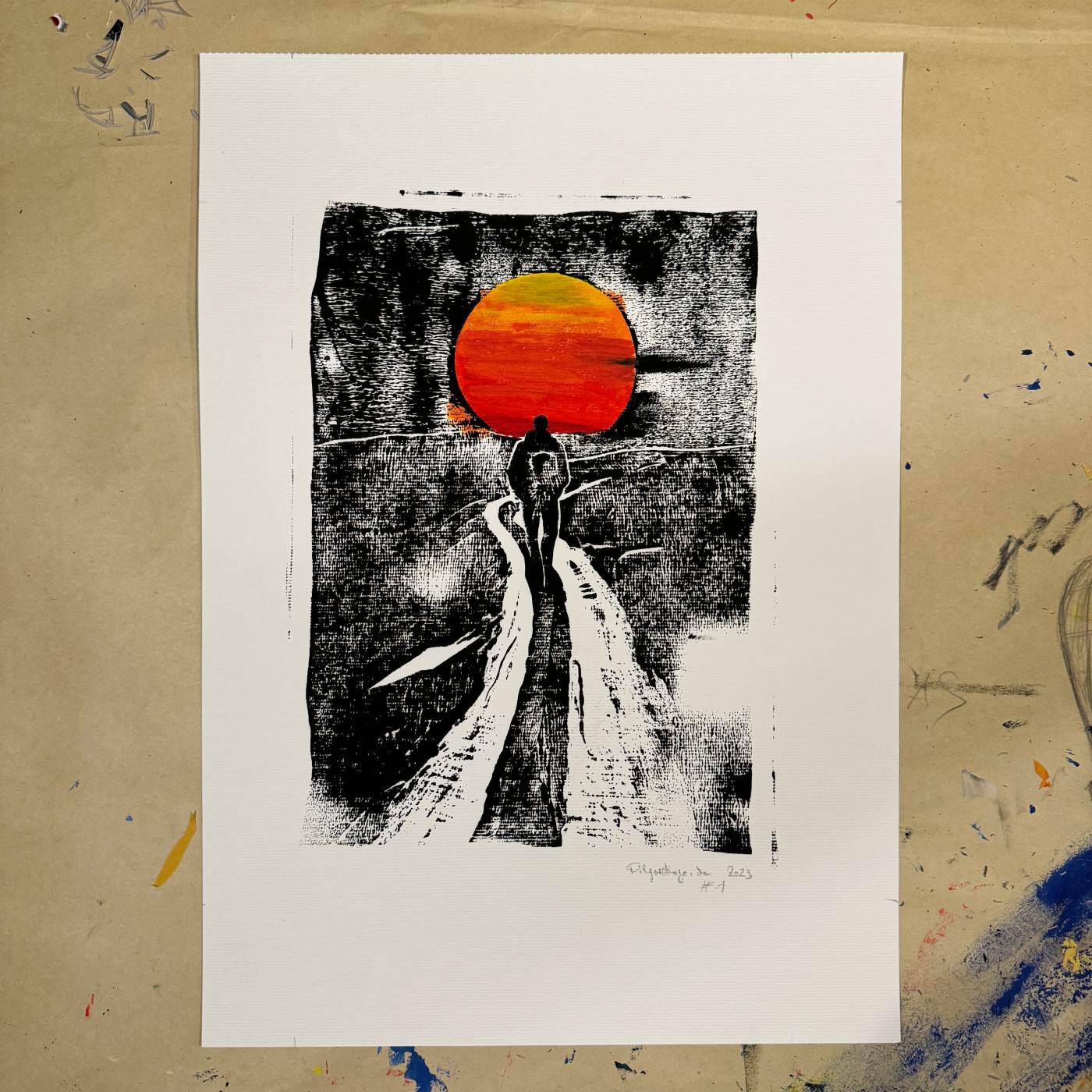 Linoldruck Sonnenuntergang auf dem Camino, gerahmt