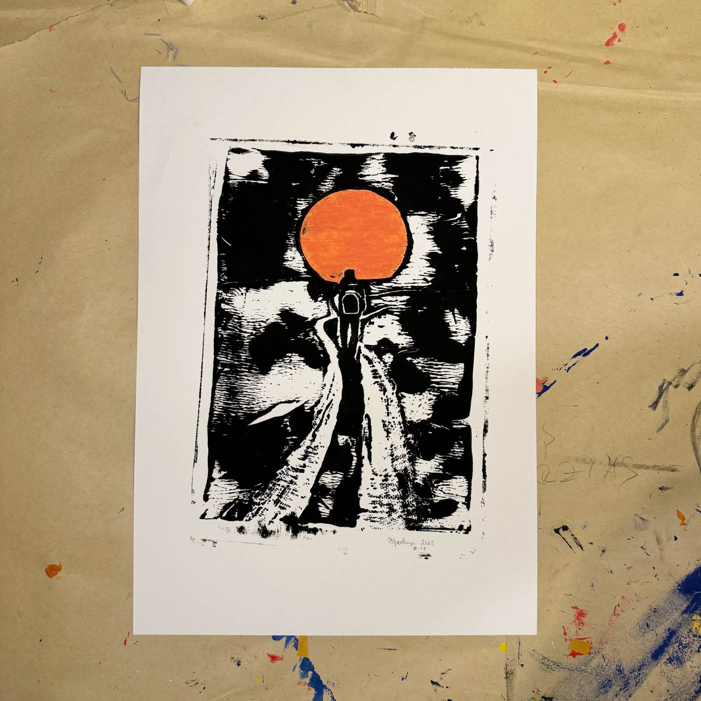 Linoldruck Sonnenuntergang auf dem Camino, gerahmt