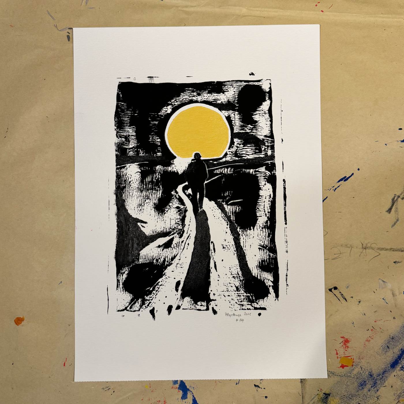 Linoldruck Sonnenuntergang auf dem Camino, gerahmt