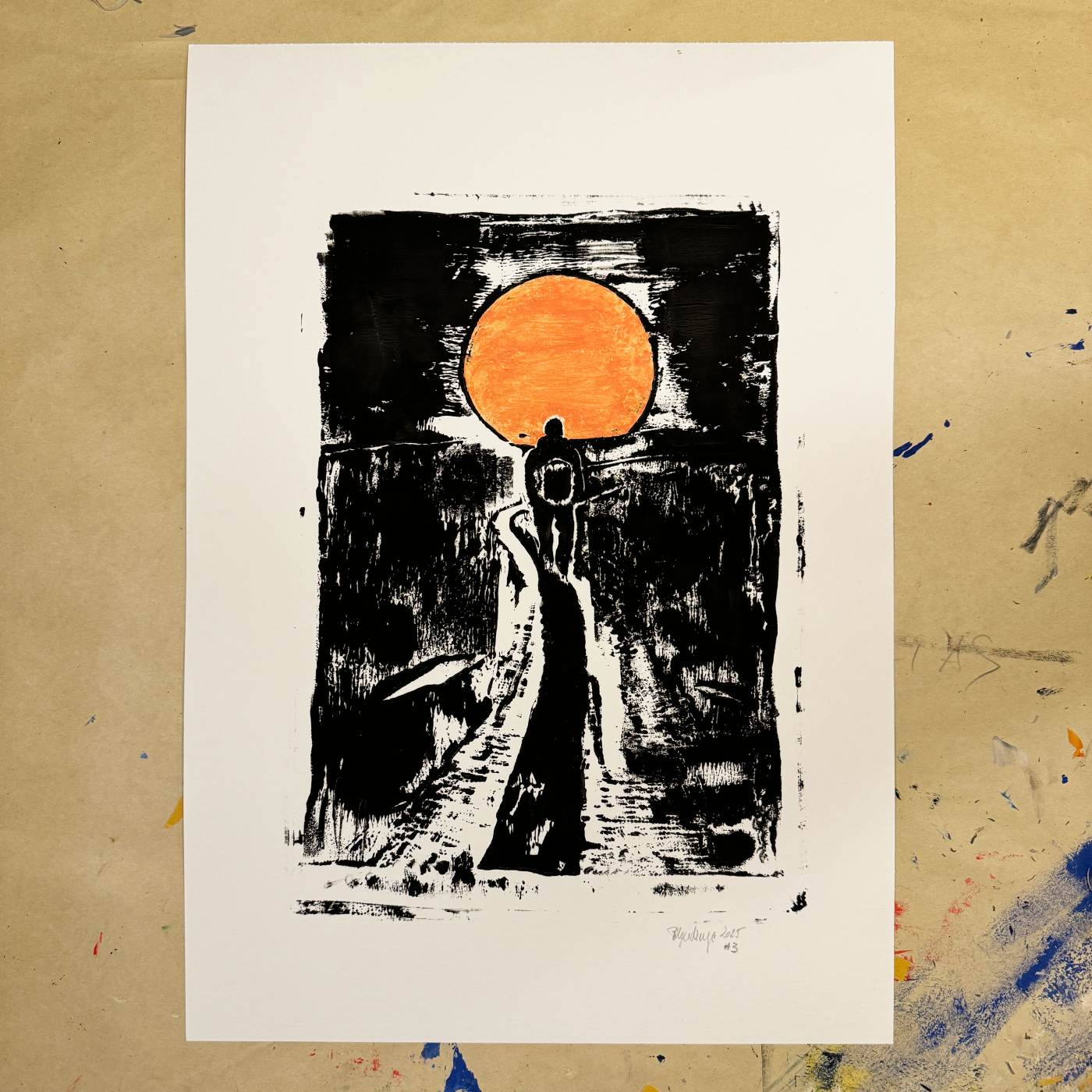 Linoldruck Sonnenuntergang auf dem Camino, gerahmt