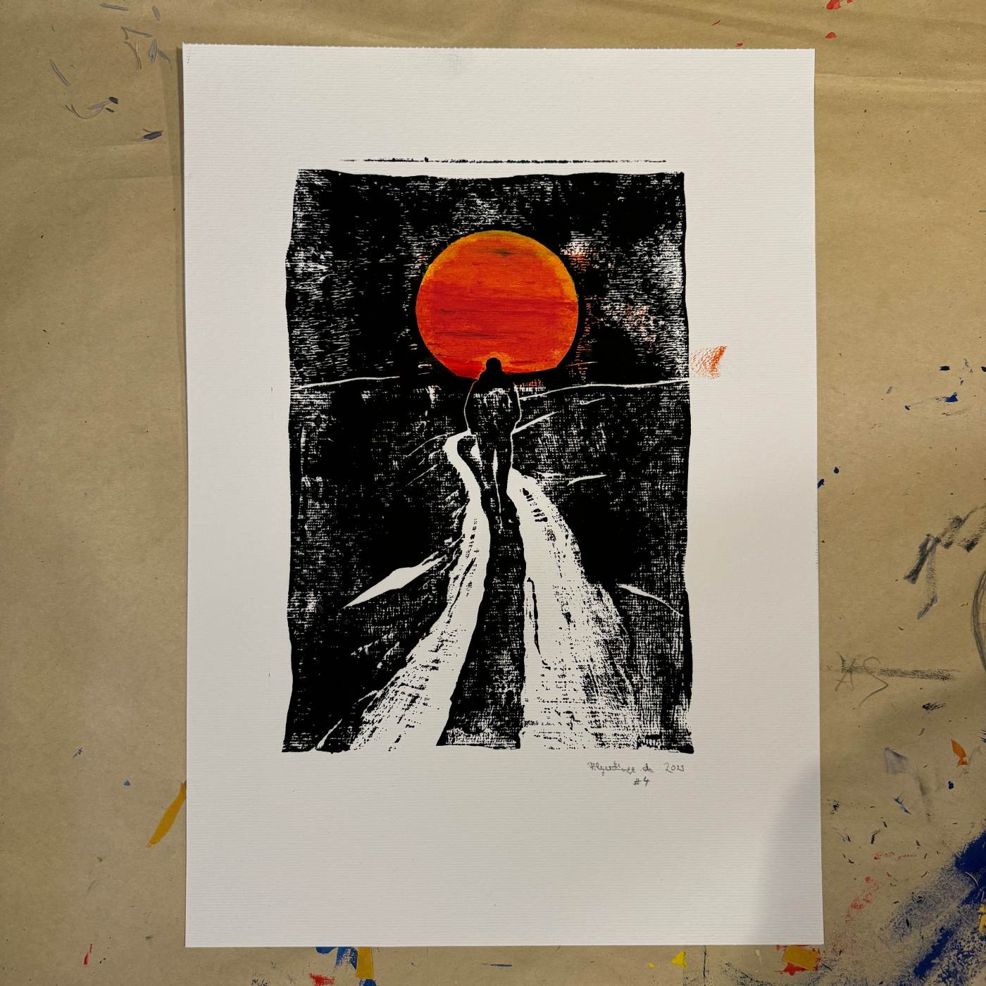 Linoldruck Sonnenuntergang auf dem Camino, gerahmt