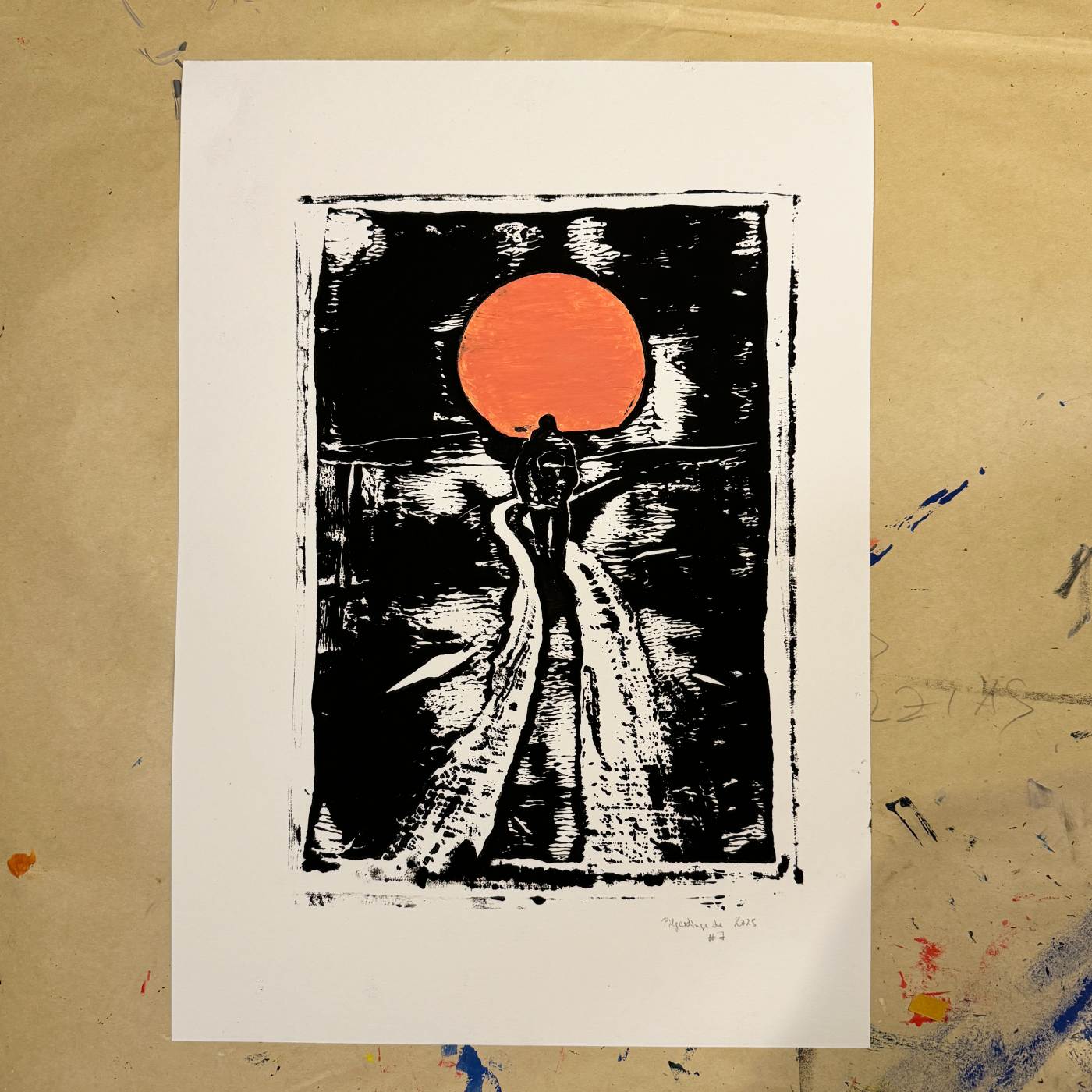 Linoldruck Sonnenuntergang auf dem Camino, gerahmt