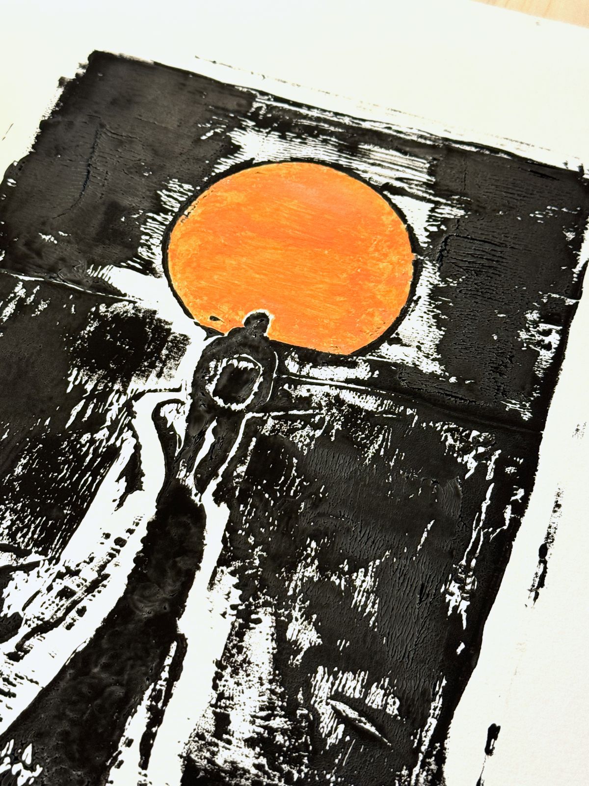 Linoldruck Sonnenuntergang auf dem Camino, gerahmt