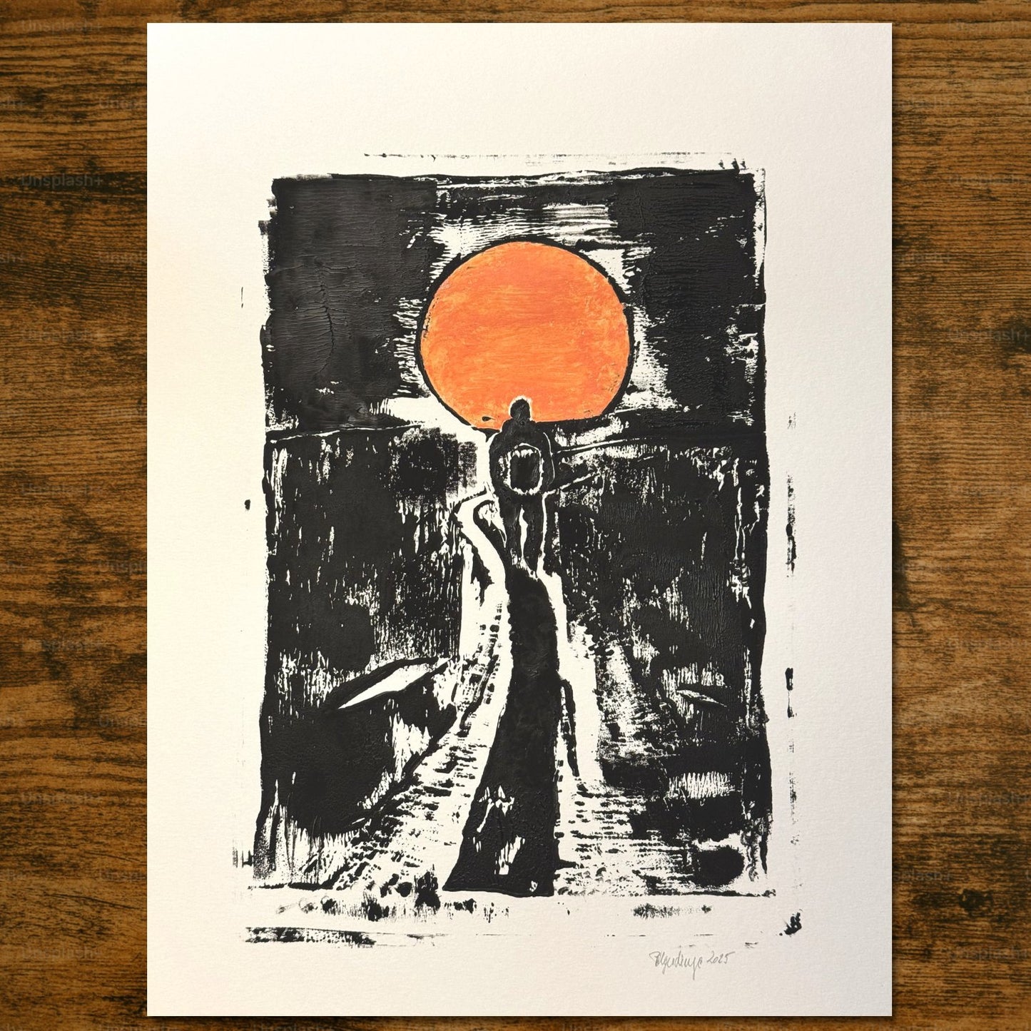 Linoldruck Sonnenuntergang auf dem Camino, gerahmt